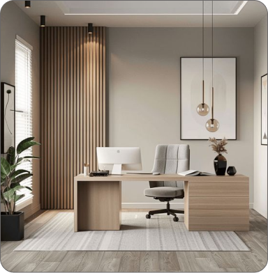 Comfortable office with plants, wooden desk, and two black chairs